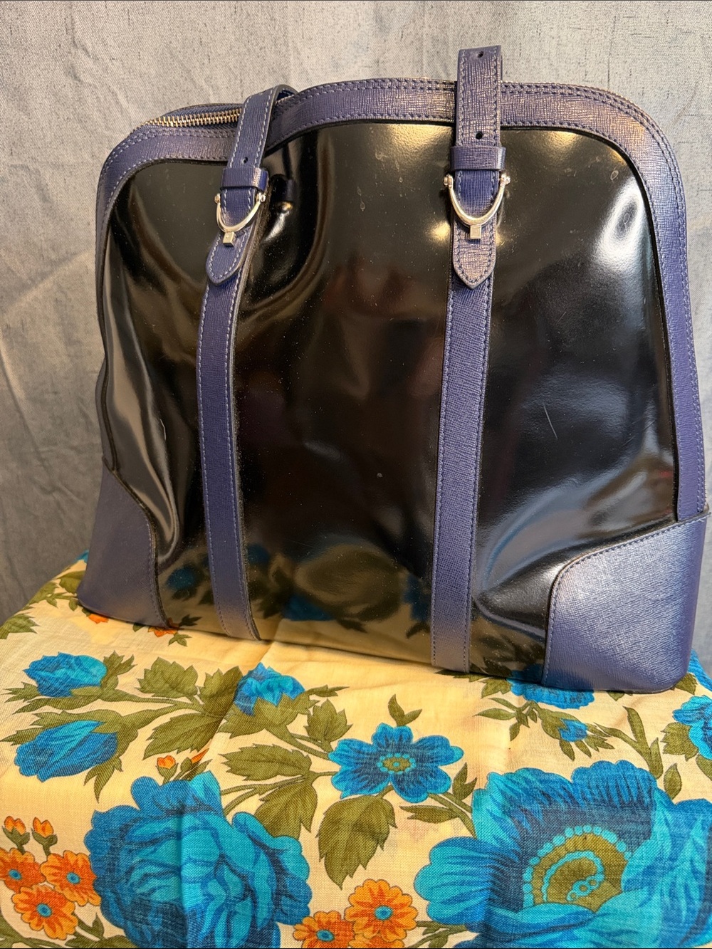 Pulicati Black Patent Tote with Blue Trim